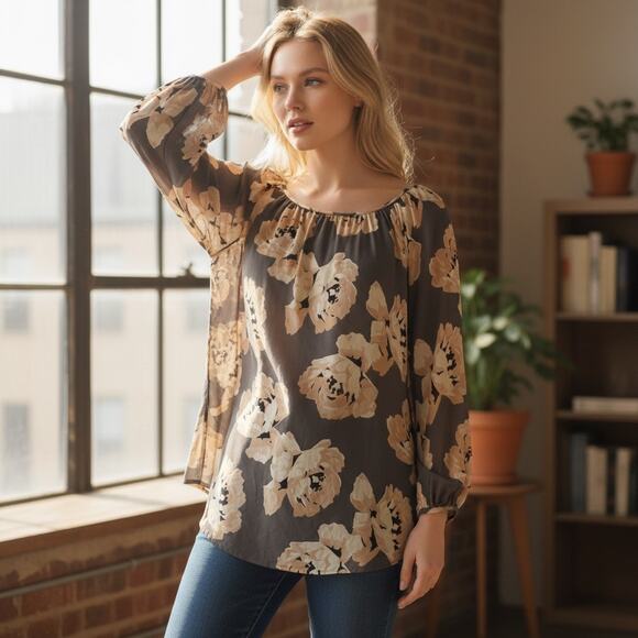 LOFT Floral Blouse Womens Size Large Tall Gray Peach Long Sleeve Career Top - Picture 4 of 9